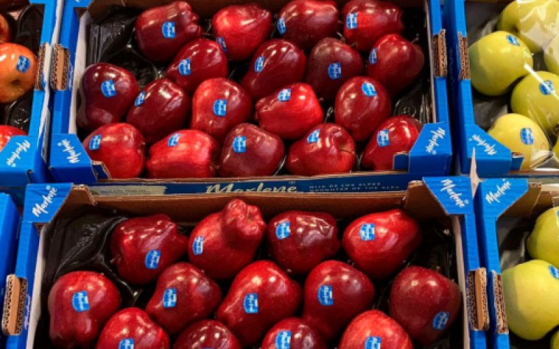 Cajas de manzanas rojas y golden